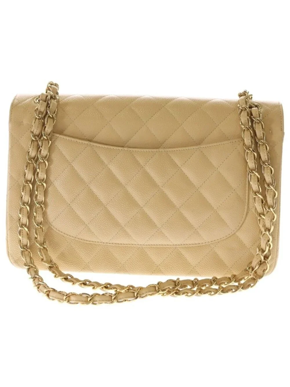 Chanel Deca Quilted 30 Caviar Leather Double Flap Chain Shoulder Bag Gold Beige